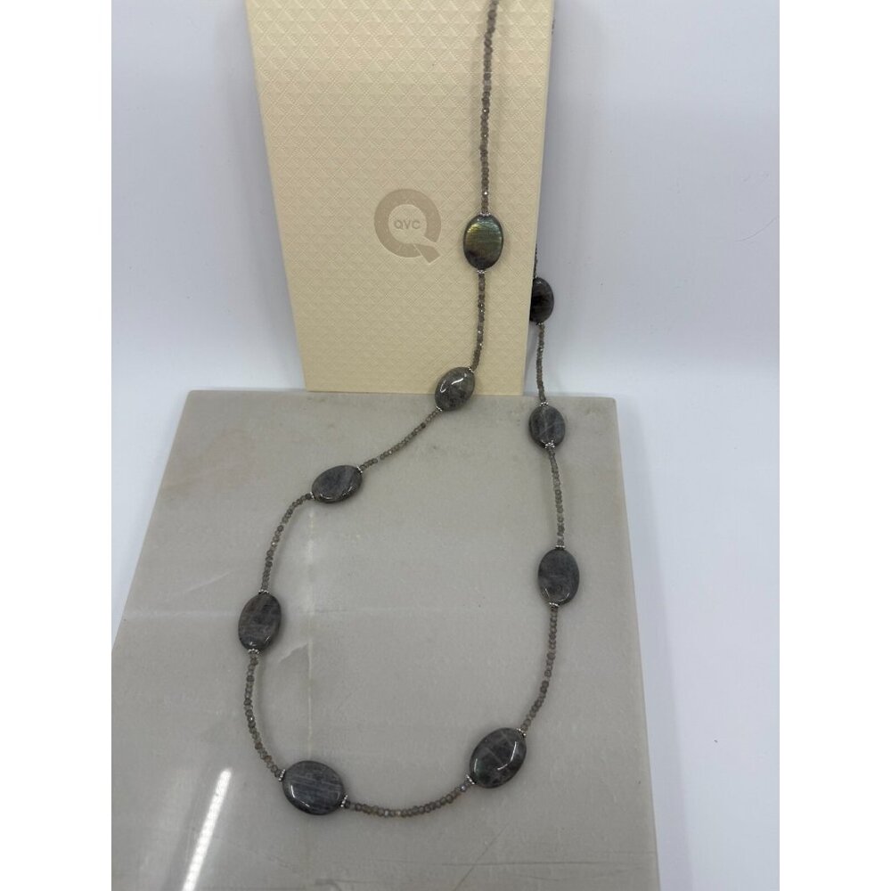 QVC Womens Labradorite Moonstone Oval Stone Beaded‎ 34" Necklace Sterling Silver